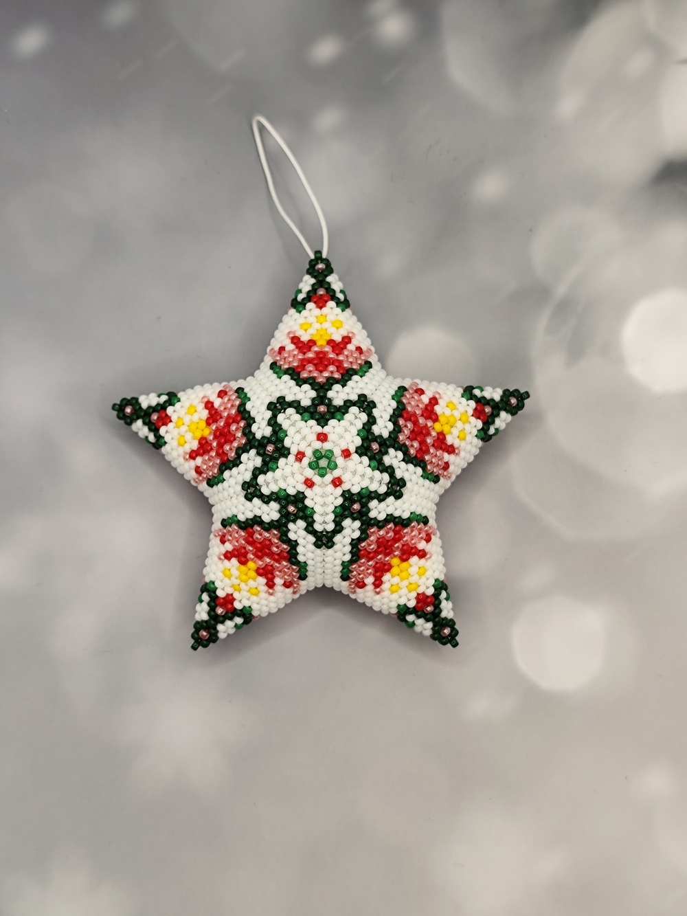 Handmade Beaded Star Ornament - White, Green, Red, Yellow